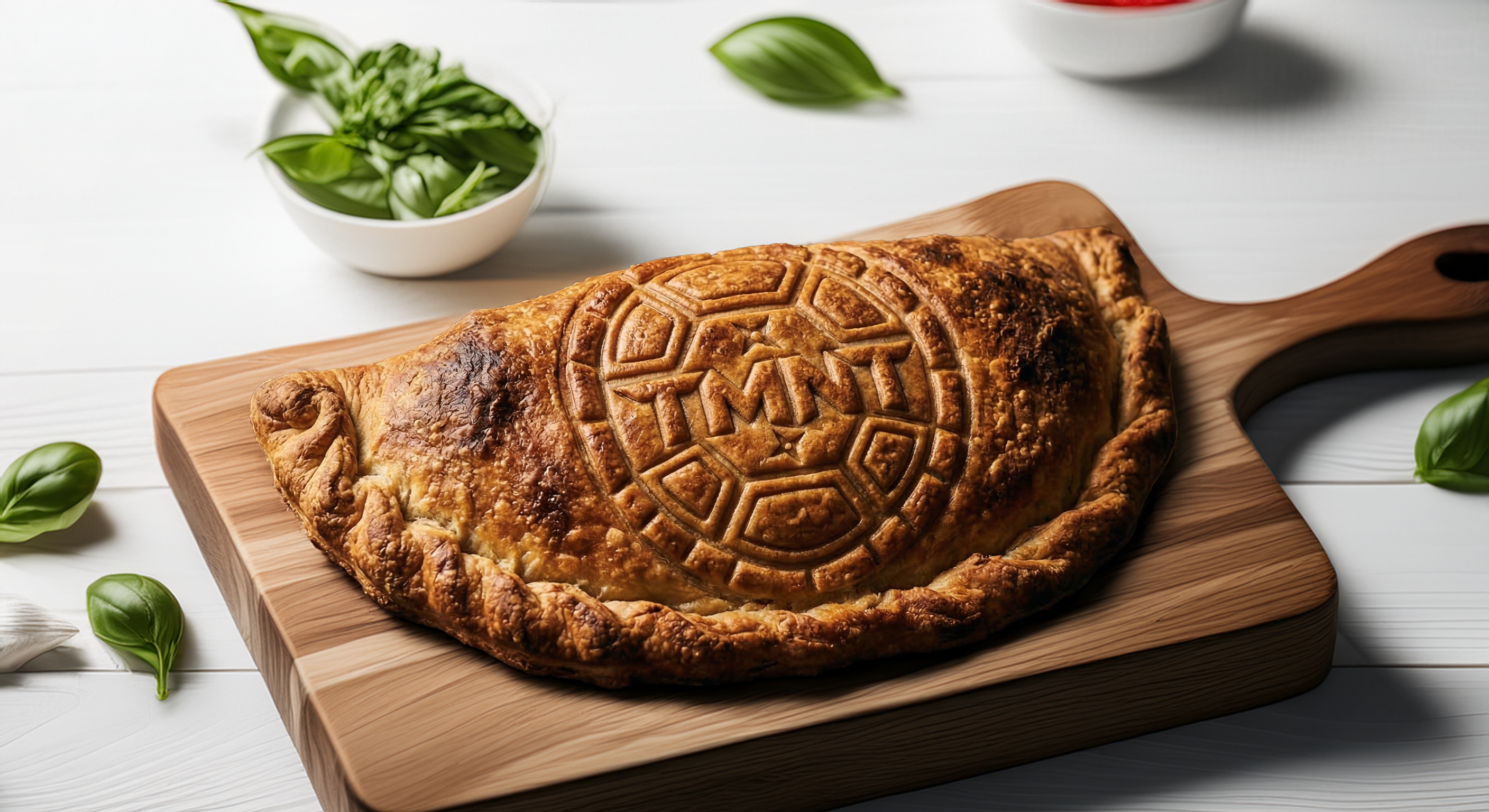 Artisanal calzone with 3D stamped geometric shell crust